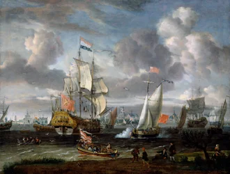 Un yacht anglais saluant un navire de guerre néerlandais dans le port de Rotterdam